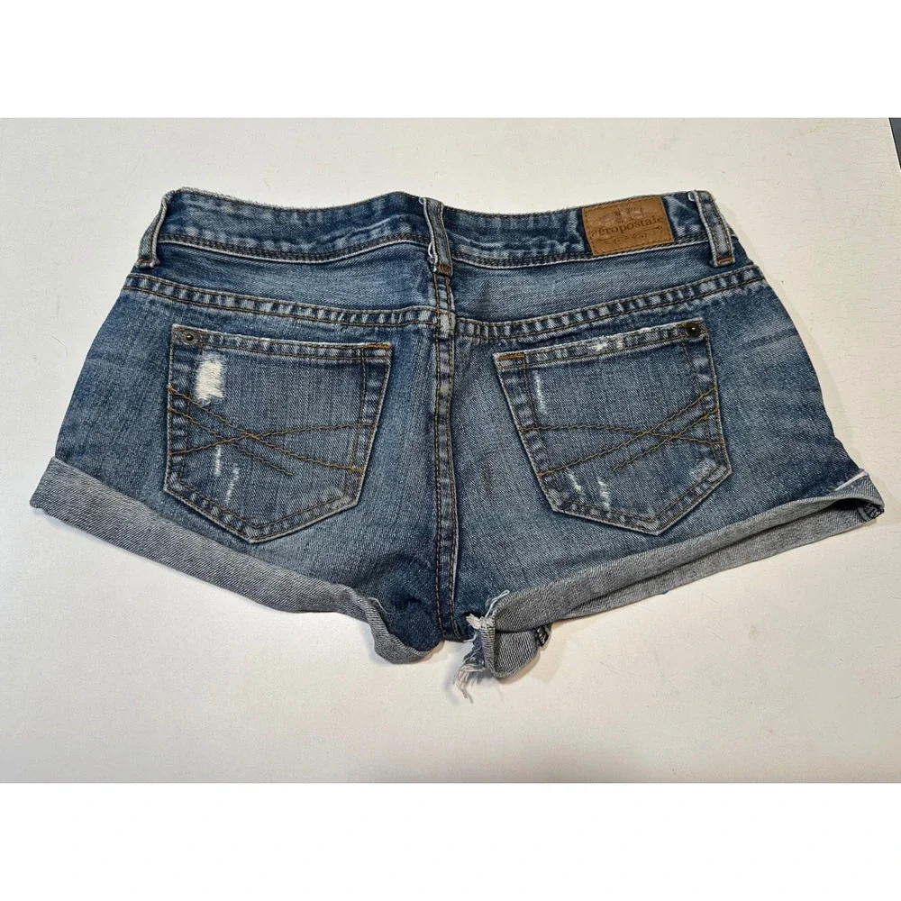 Aeropostale Denim Shorts Womens Size 0 Blue Distressed Cuffed Low Rise Cotton